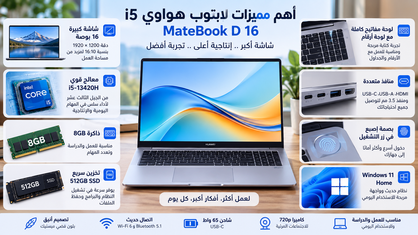 أهم مميزات لابتوب هواوي i5 MateBook D 16